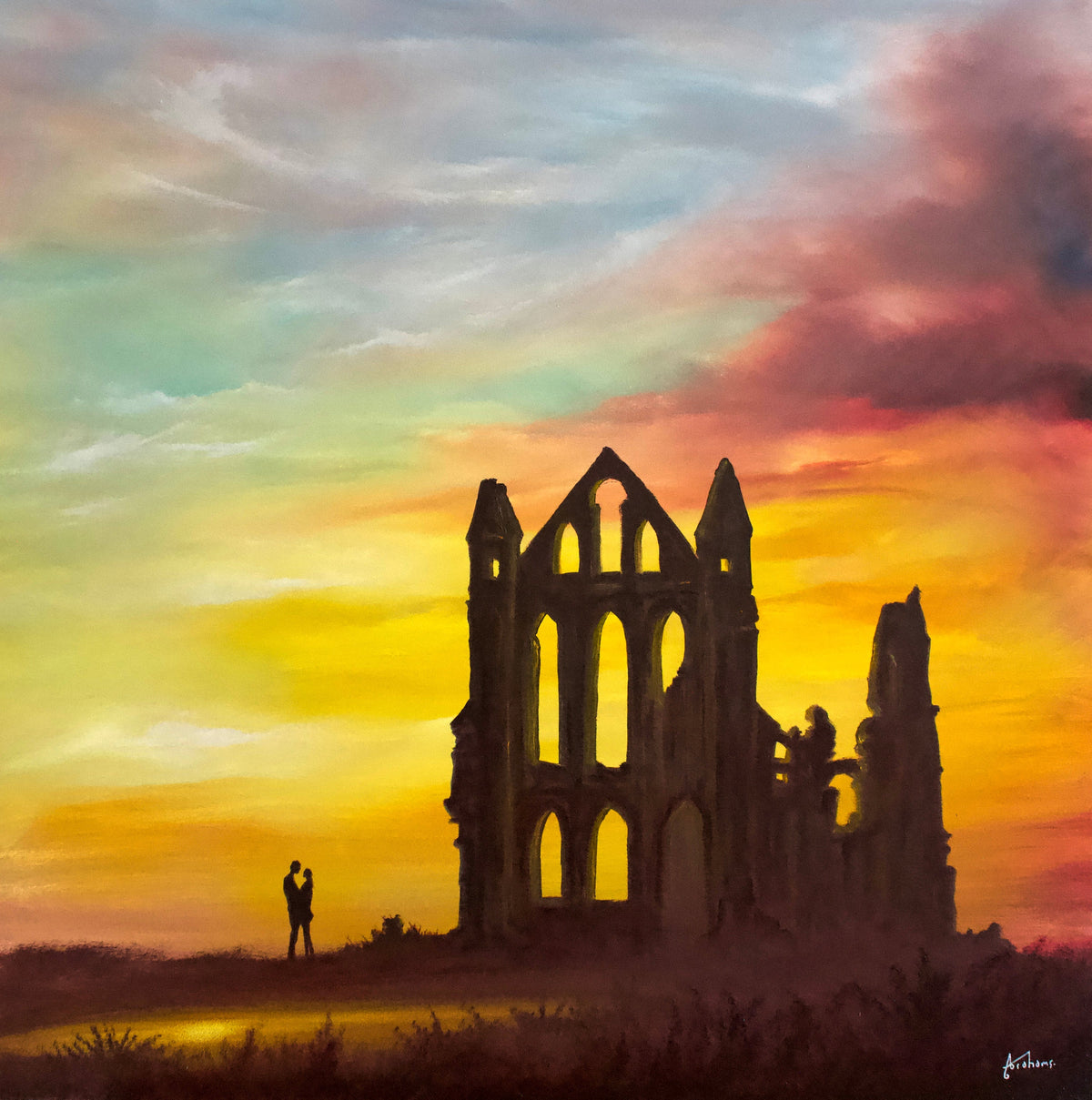 Oil painting by Danny Abrahams featuring silhouetted Whitby Abbey against a vivid yellow, orange and purple sunset sky.