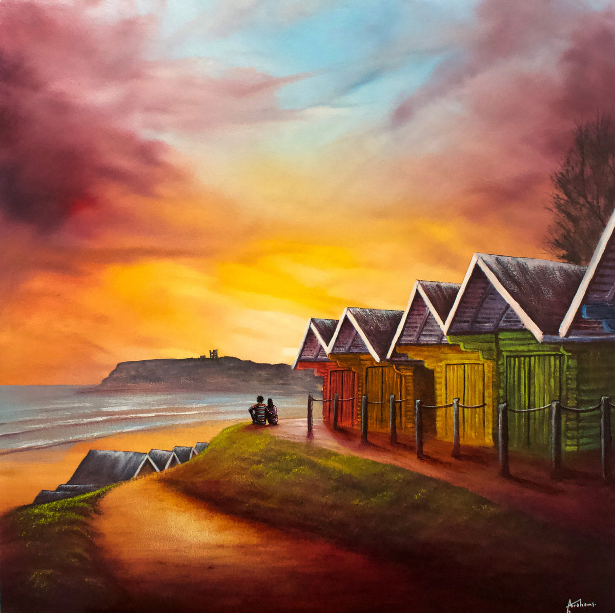 Original oil painting by Danny Abrahams of colourful beach huts beside the sea under a dramatic sunset sky, hand signed.