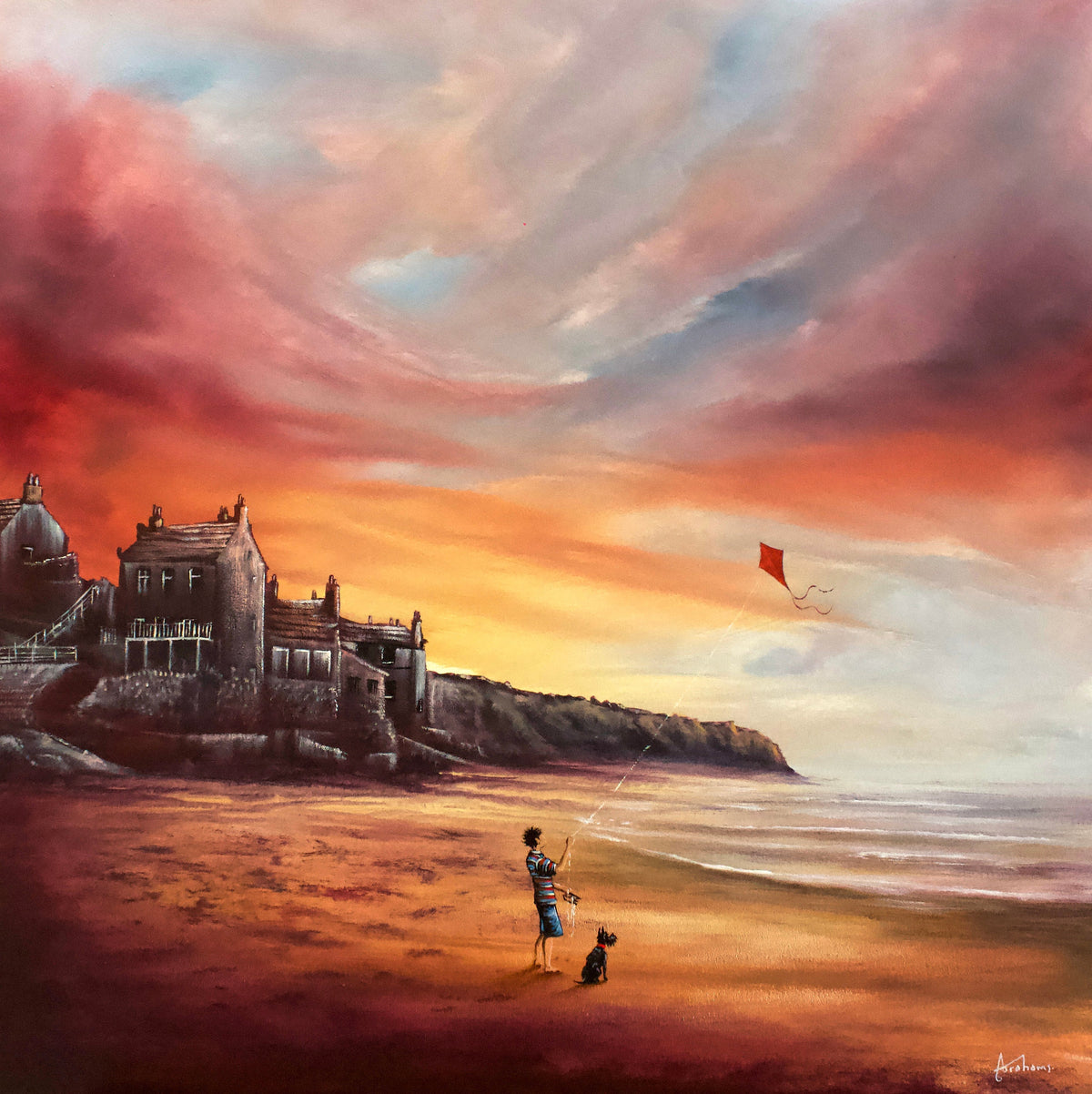 Oil painting by Danny Abrahams of a child flying a kite on a sandy beach, with coastal buildings beneath a vivid pink-orange sky.