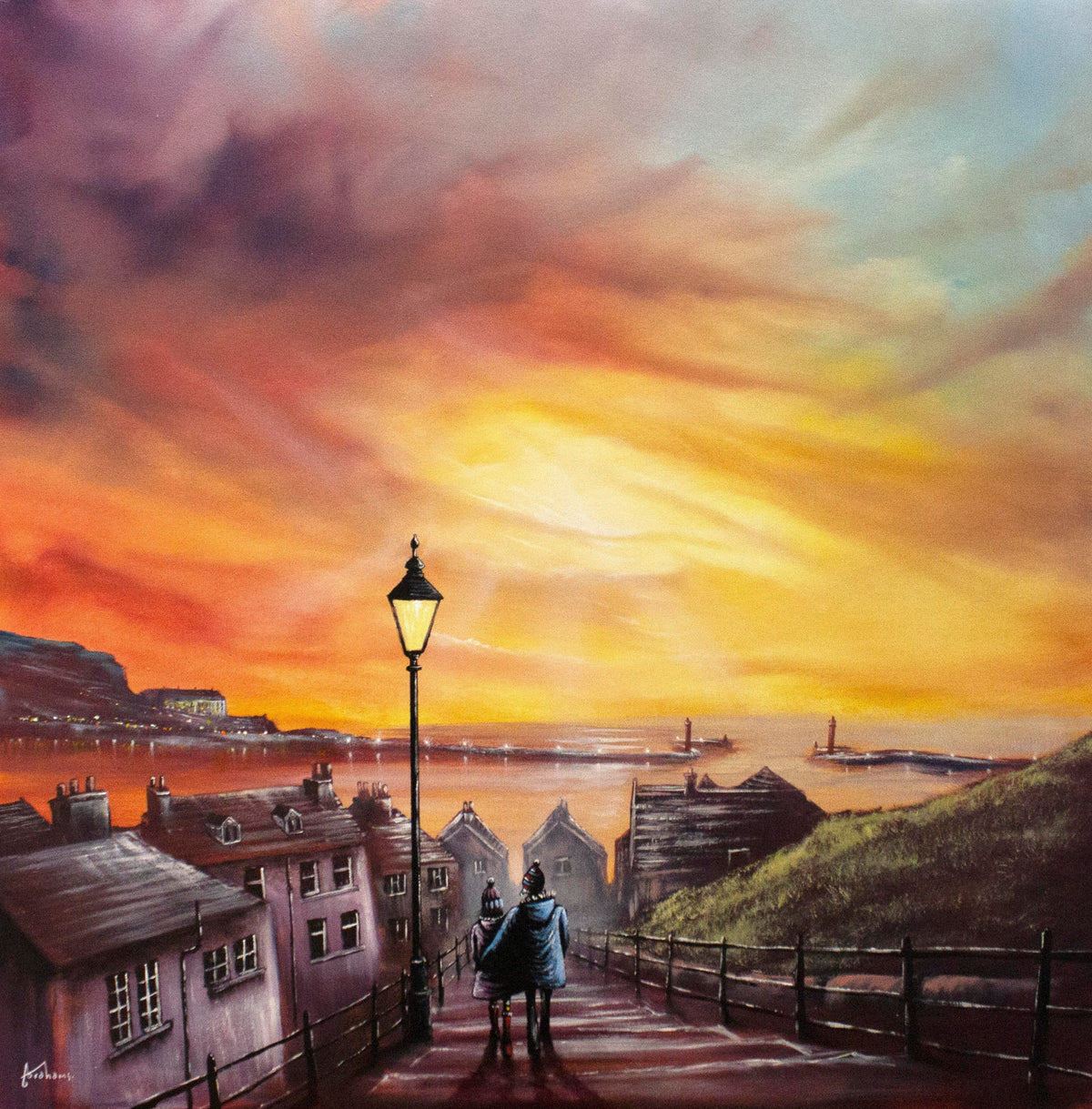 Oil painting by Danny Abrahams depicting a couple on Whitby steps beneath a vivid orange and purple sunset