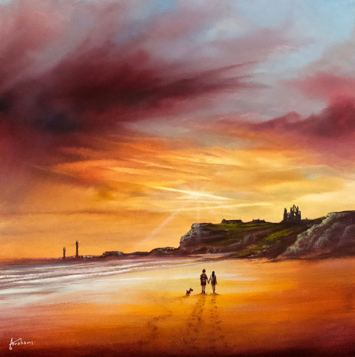 Original oil painting by Danny Abrahams, depicting a couple walking a dog on a beach beneath a vivid sunset sky.