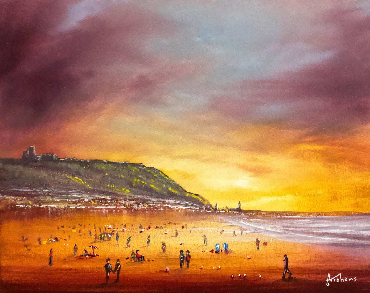 Original oil painting by Danny Abrahams, depicting Scarborough beach with figures on golden sand beneath a vivid sunset sky.