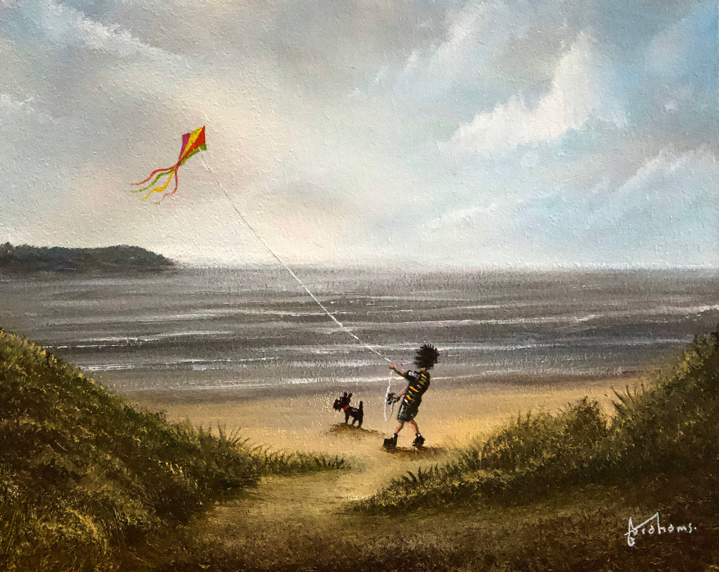 Danny Abrahams oil painting of child and dog flying kite on Filey Beach seaside scene