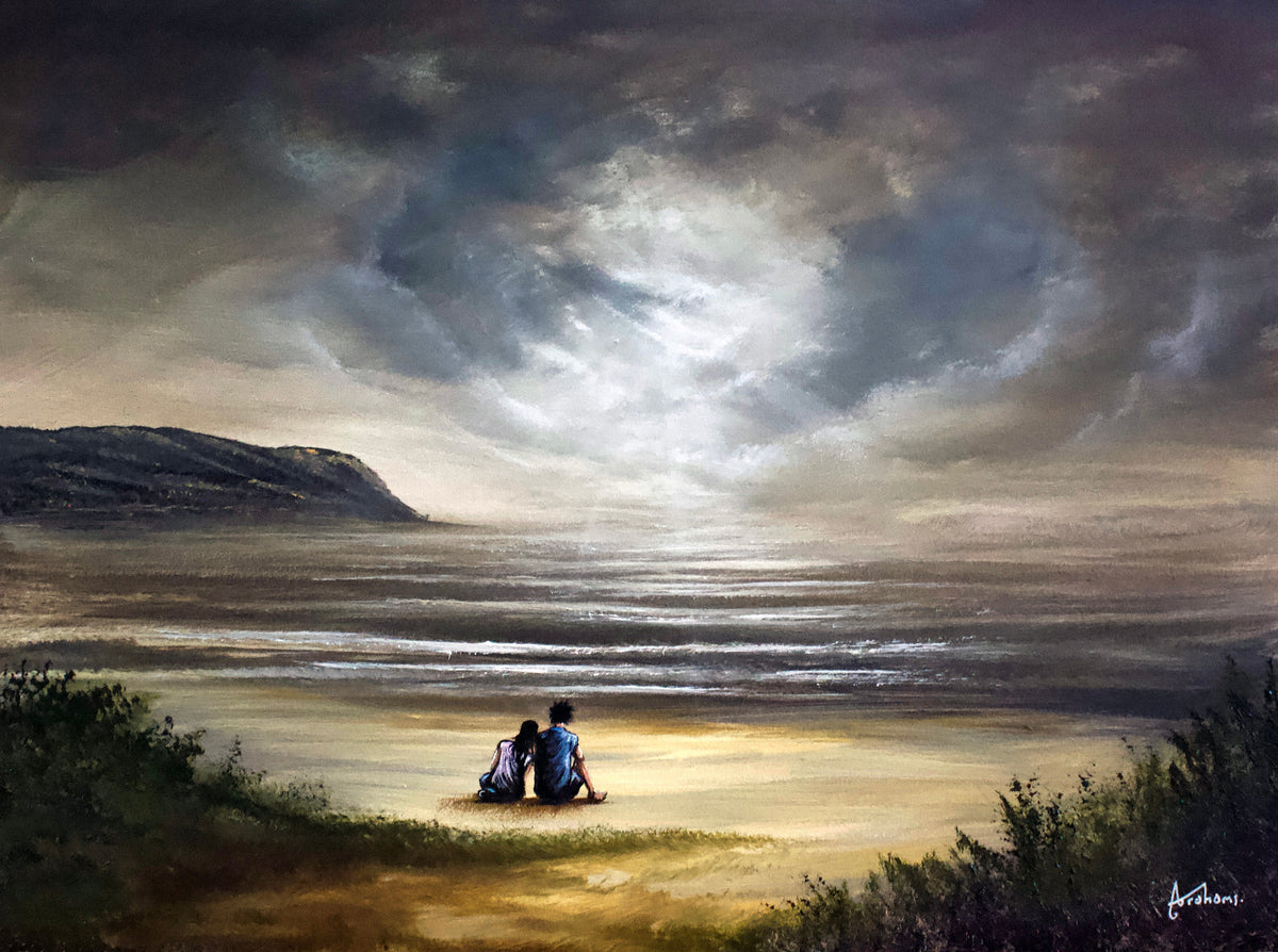 Oil painting by Danny Abrahams of two figures on a beach beneath a dramatic grey stormy sky, with muted coastal colours.