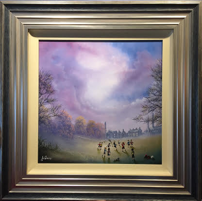 Fever Pitch original oil painting by Danny Abrahams showing children playing football in a misty landscape with a colorful sky, framed.
