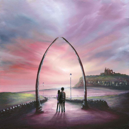 Whimsical Whitby limited edition print by Danny Abrahams showing couple under whale bone arches with sunset and castle background