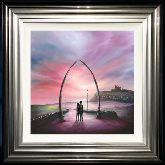 Whimsical Whitby limited edition print by Danny Abrahams showing a couple under an arch with a sunset background