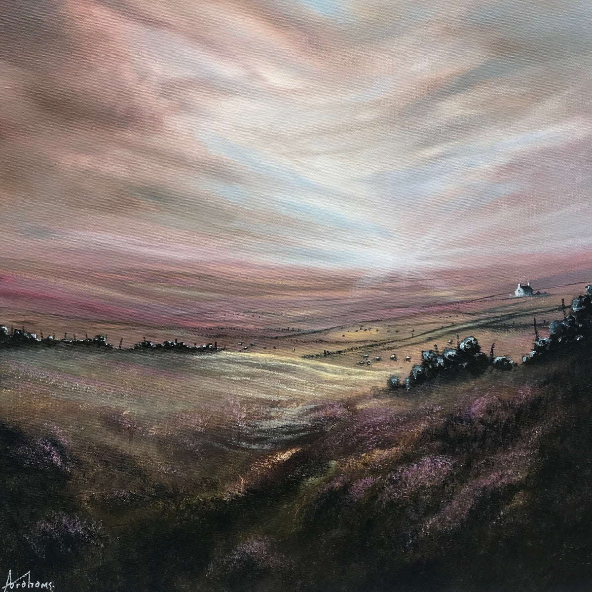 Original landscape oil painting by Danny Abrahams, with purple heather moorland beneath a vast pink and blue sky.