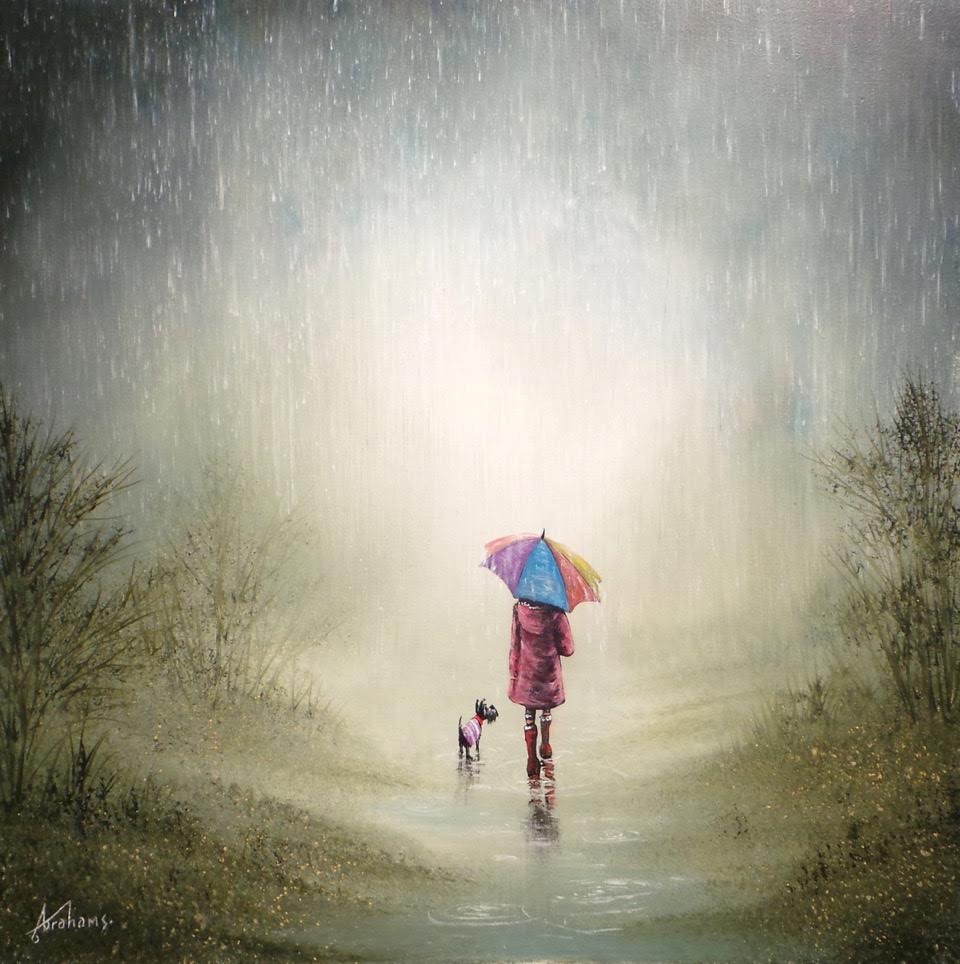 Oil painting by Danny Abrahams of a figure and small dog beneath a colourful umbrella in a rainy landscape, signed on board.