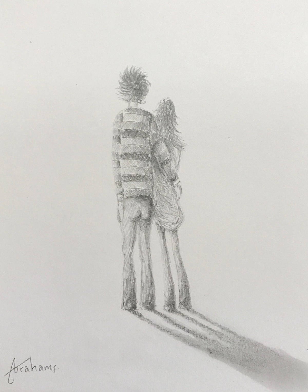 Pencil sketch of a young couple standing together, one in a striped top, signed by Danny Abrahams