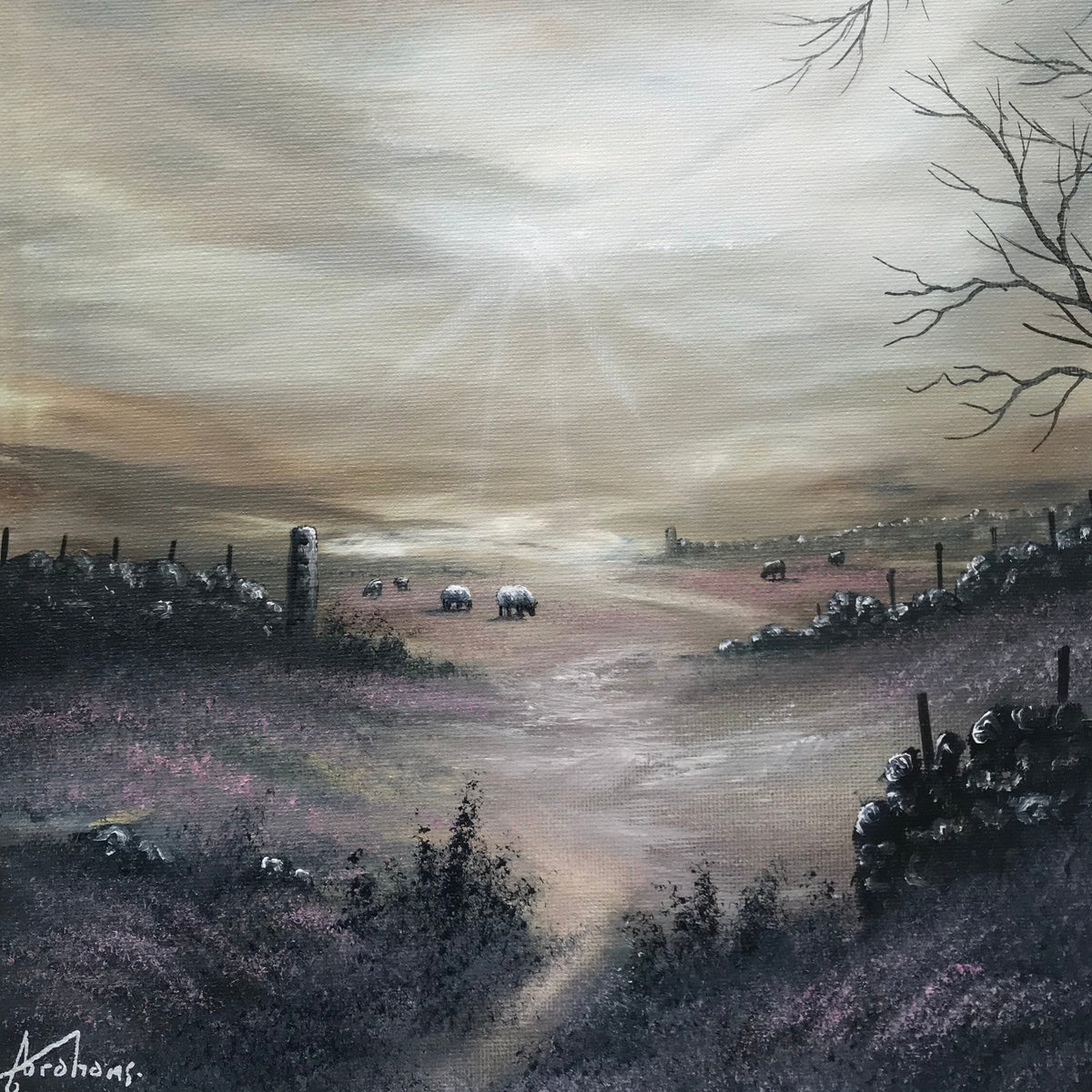 Original oil landscape by Danny Abrahams, with sheep on a moorland path beneath a muted grey sky and bare branches.