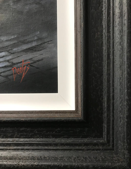 Signature detail of Peter Davidson's original oil painting Cod Loves A Fryer on board in a dark textured frame
