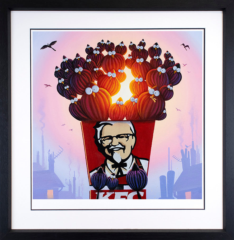 Limited edition Derrick Fielding paper print featuring Colonel Sanders in a red bucket topped with cartoon chickens, in pink and purple tones.