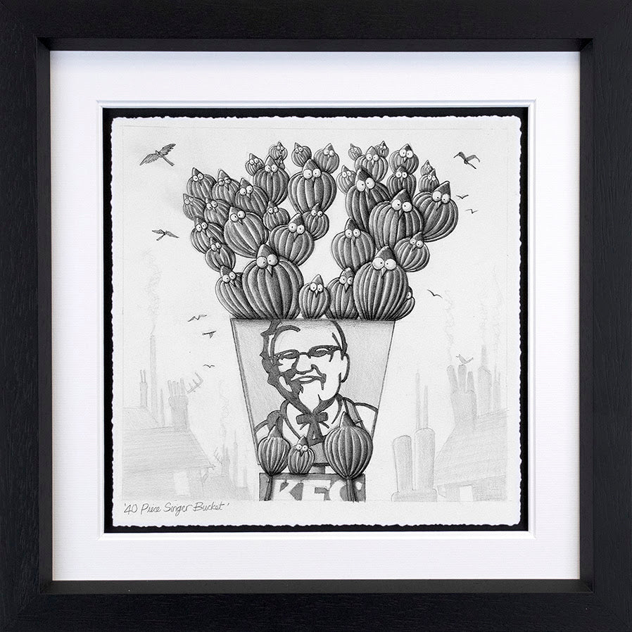 Limited edition monochrome print by Derrick Fielding, featuring a caricature in a bucket overflowing with patterned cacti.