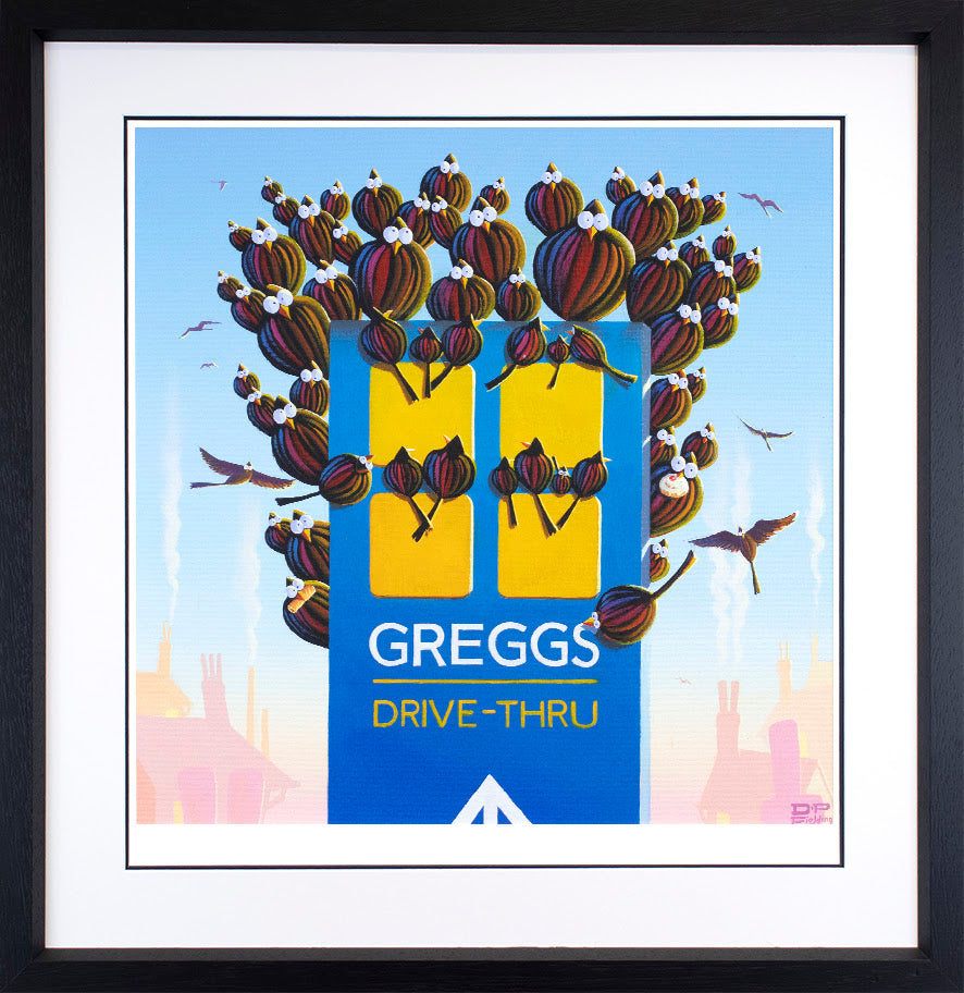 Limited edition paper print by Derrick Fielding, featuring a bright blue Greggs sign with yellow panels and floating buns.
