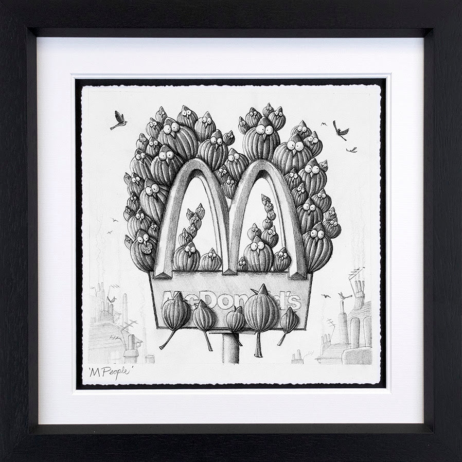 Limited edition monochrome giclée print by Derrick Fielding, featuring a detailed sketch of McDonald’s golden arches formed from flowers.