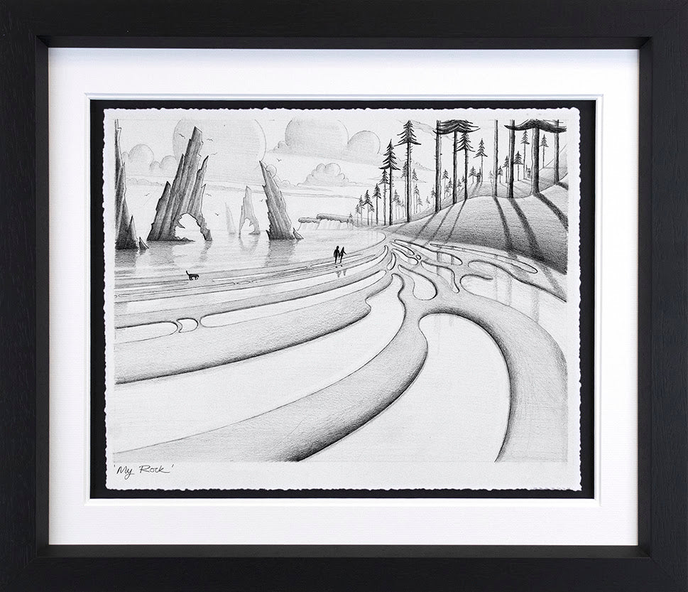 Limited edition black-and-white giclée print by Derrick Fielding, featuring a surreal landscape with sweeping curved rock formations and trees.