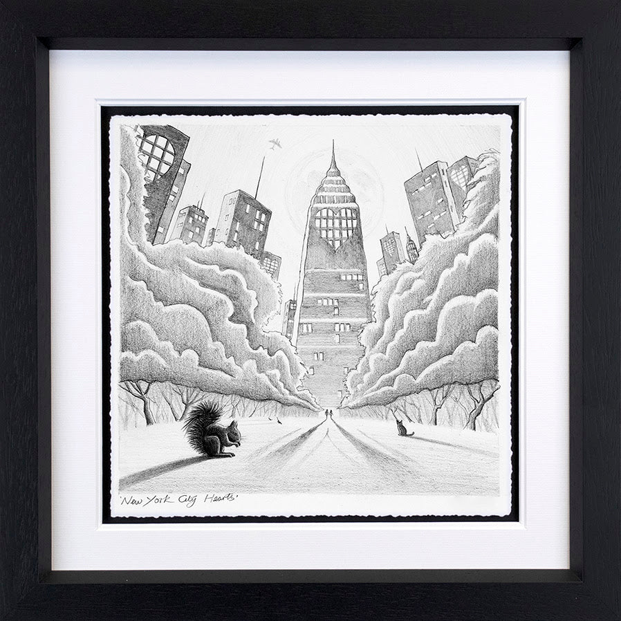 Limited edition print by Derrick Fielding, black-and-white sketch of a city avenue with towering buildings and a squirrel.