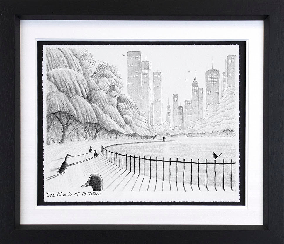 Limited edition sketch print by Derrick Fielding, black-and-white cityscape with a curved waterfront railing and birds.