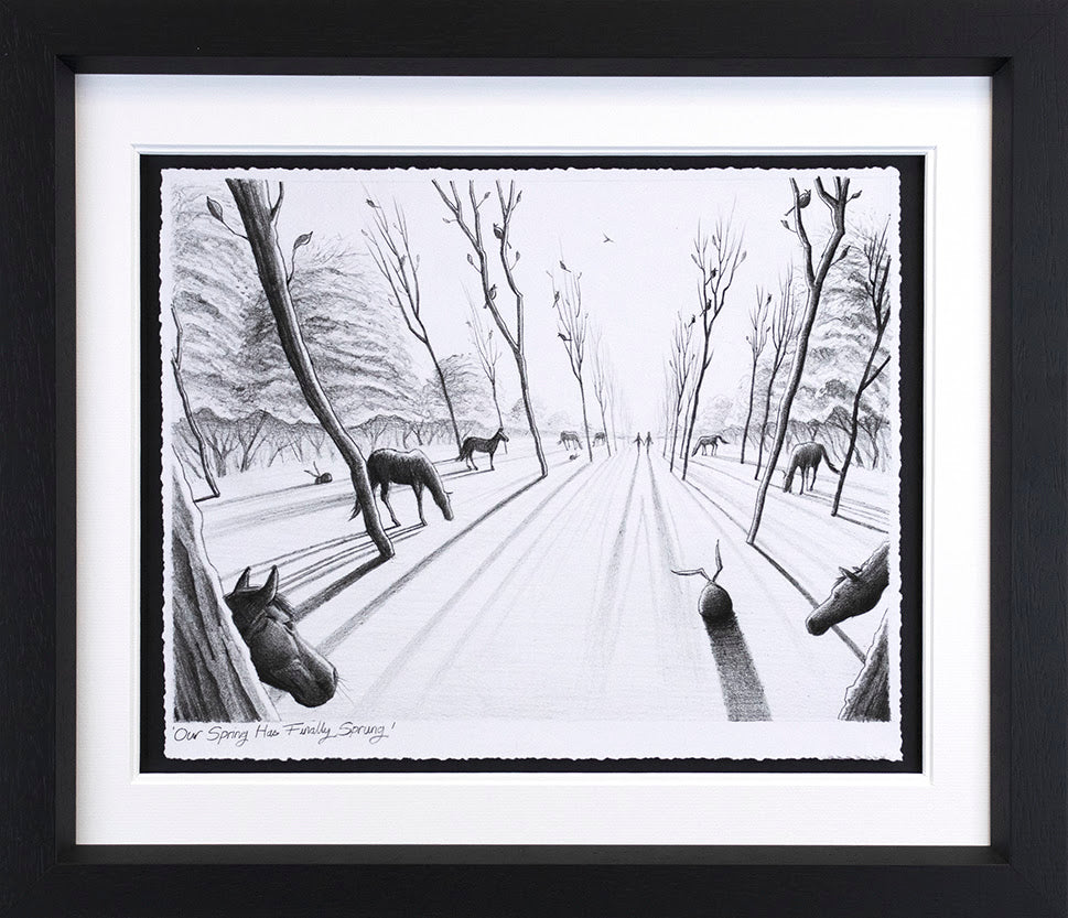 Limited edition giclée print by Derrick Fielding, black-and-white sketch of deer along a tree-lined path.