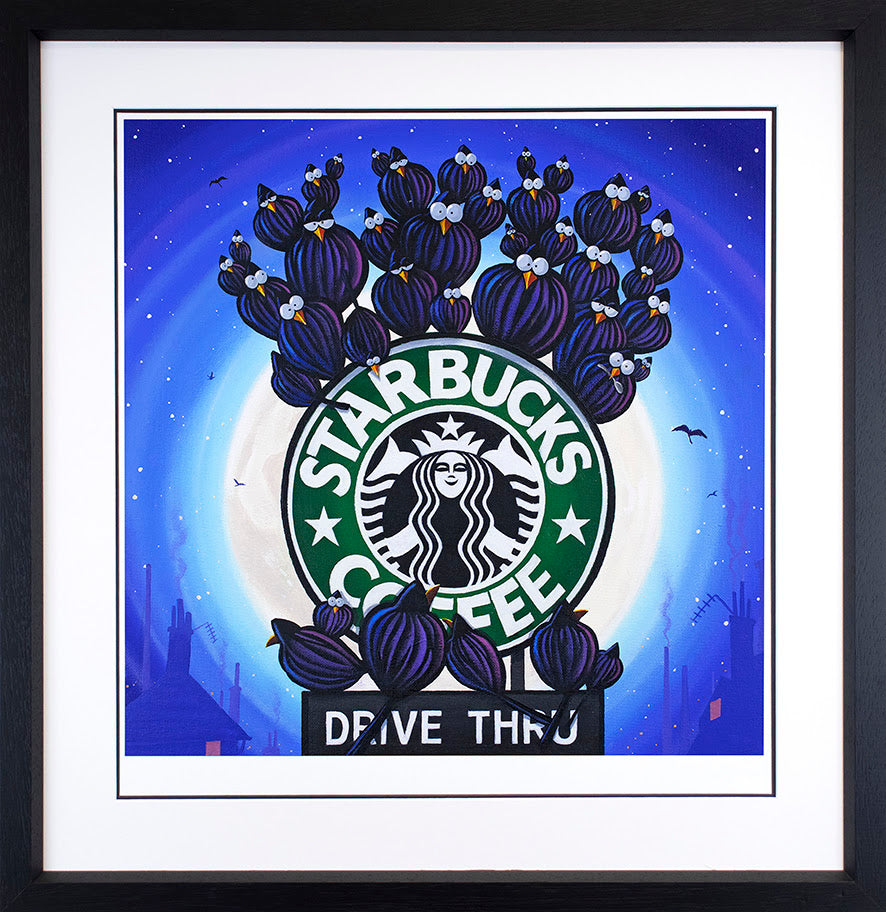 Framed limited edition print by Derrick Fielding, featuring purple cactus shapes over a green coffee shop logo against a blue sky.