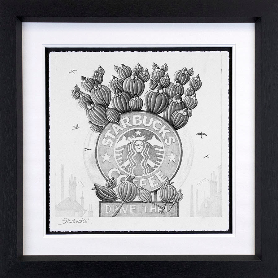 Limited edition Starbeaks sketch by Derrick Fielding, monochrome print featuring a cactus crown and circular coffee logo in a black frame.