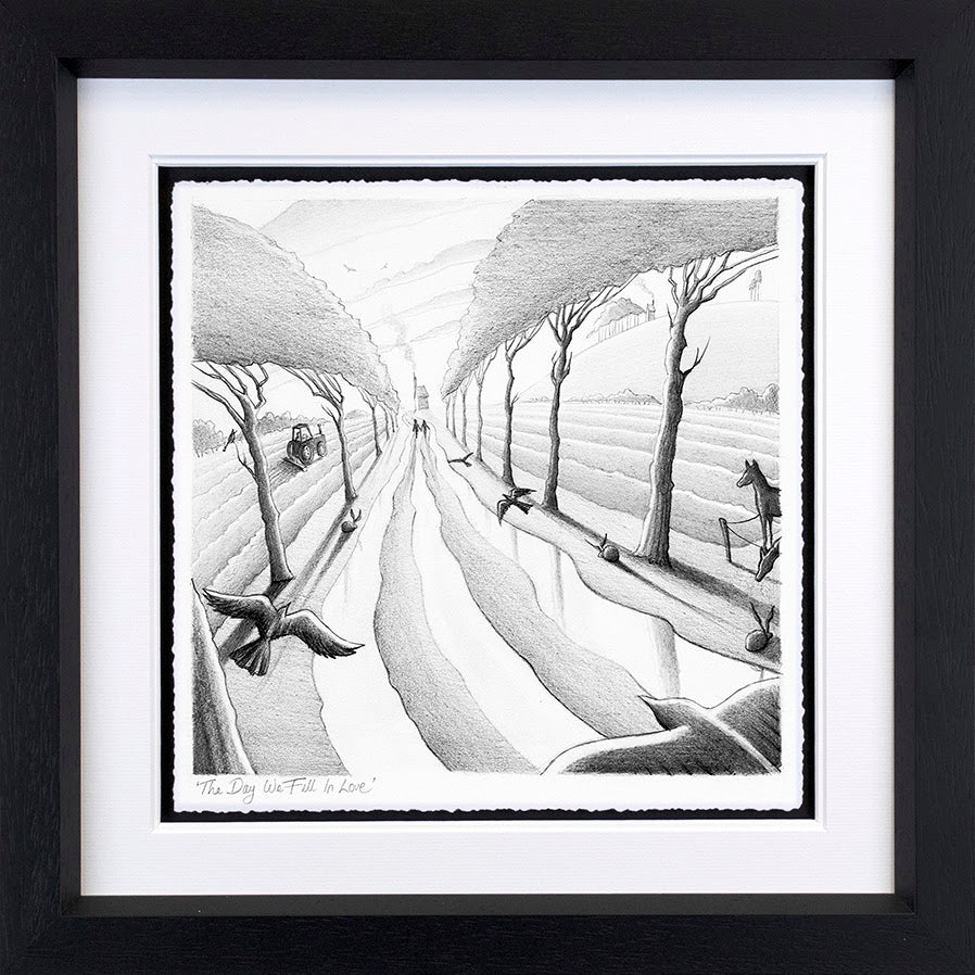 Sketch print by Derrick Fielding in black and white, showing a tree-lined path with birds and distant figures.