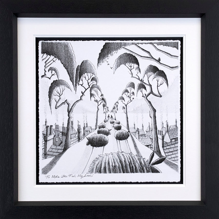 Sketch print by Derrick Fielding, a monochrome ink drawing of a tree-lined street with rooftops in a black frame.