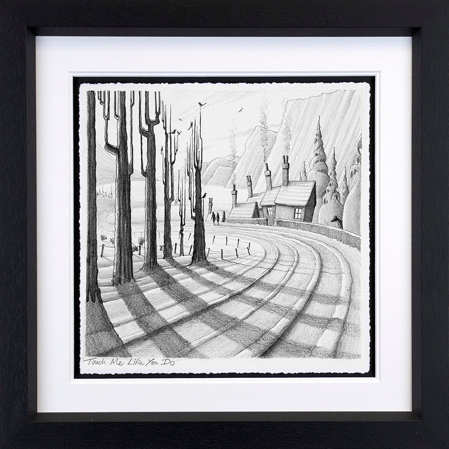 Limited edition Giclée print by Derrick Fielding, monochrome pencil-style woodland path sketch in a black frame.