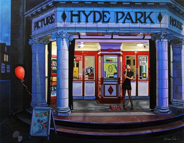 Hand embellished canvas by Daniel Robinson Ford, depicting Hyde Park Cinema in vivid blue and red tones with a woman at the entrance.