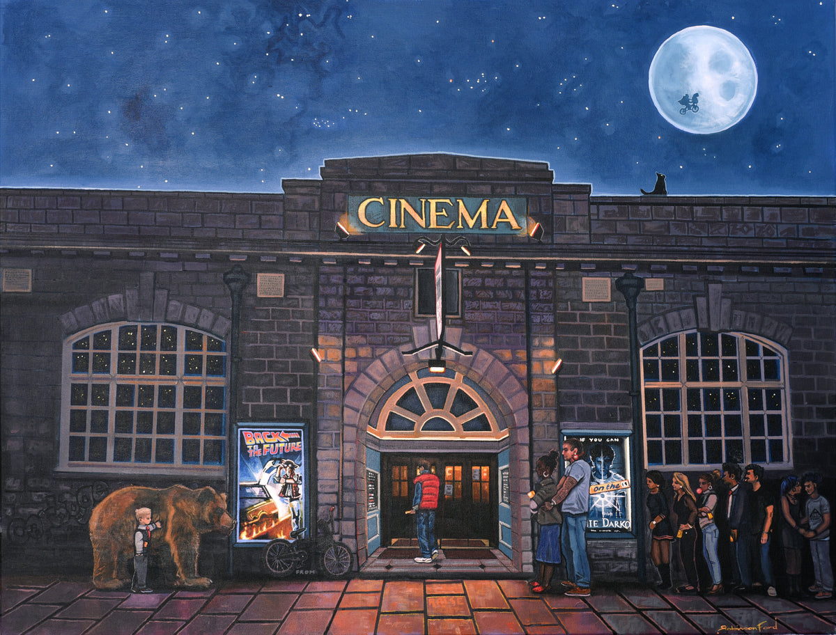 Original Daniel Robinson Ford acrylic cinema painting in blue tones, showing a moonlit stone façade, glowing sign and filmgoers.