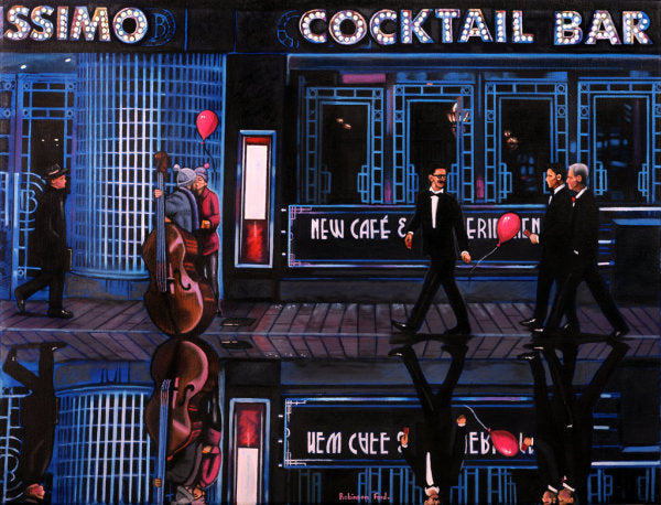 Limited-edition canvas by Daniel Robinson Ford, depicting penguin-like men in black dinner suits outside a neon-lit cocktail bar.