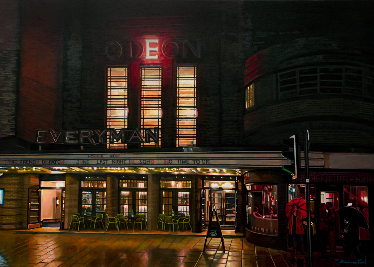 Hand embellished canvas by Daniel Robinson Ford depicting a glowing Odeon cinema façade in dark red and green tones.
