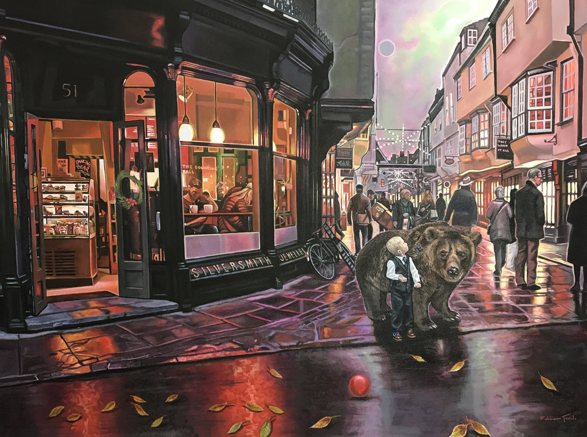 Hand-embellished canvas by Daniel Robinson Ford, colourful street scene with a boy and bear on wet cobbled pavement.