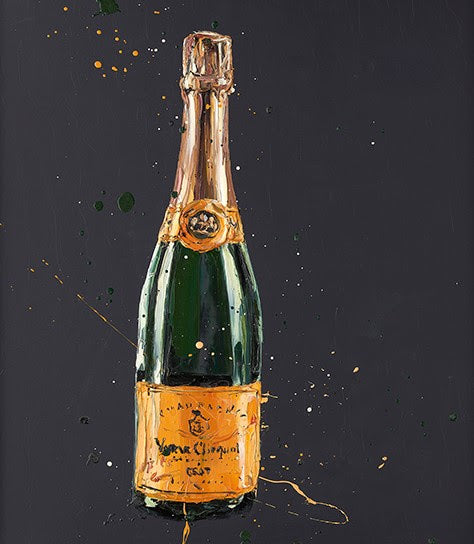 Paper print by Paul Oz depicting a green champagne bottle with an orange label and gold foil, on a dark background.