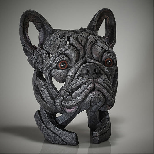 Ceramic polystone French Bulldog sculpture by Edge Sculpture with textured gray design and hand-signed detail
