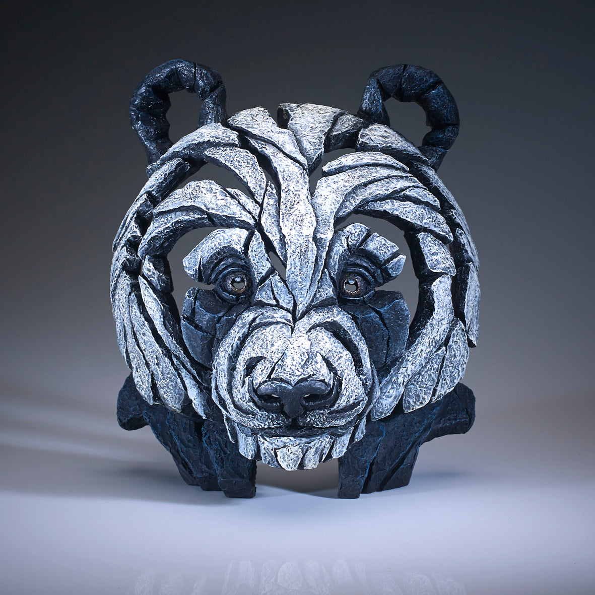 Ceramic polystone panda sculpture by Edge Sculpture, hand-signed and detailed in black and white.