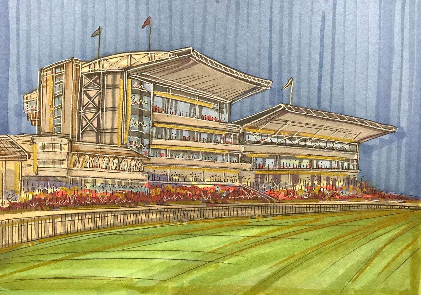 Original mixed media sketch of York Racecourse by Edward Waite, hand signed