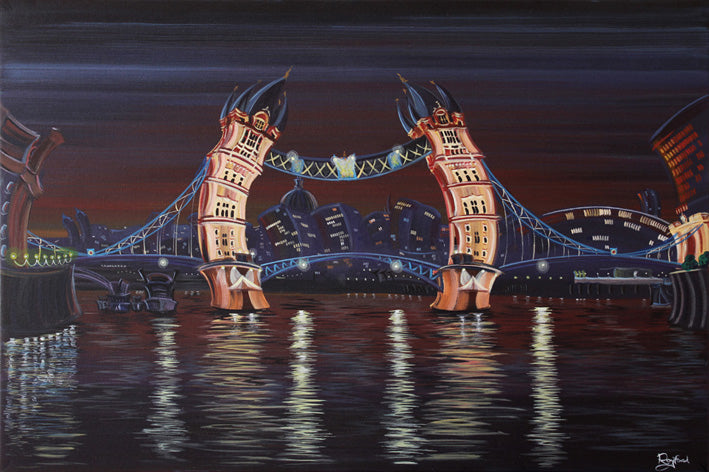 Limited edition giclee print of a distorted Tower Bridge at night by Rayford, signed and mounted.