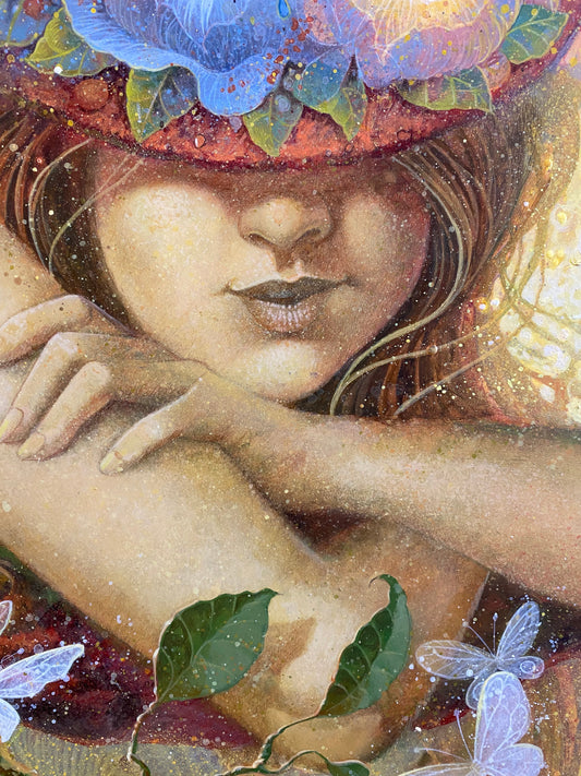 Gary McNamara painting Persephone young mother nature mixed media on board with flowers and butterflies