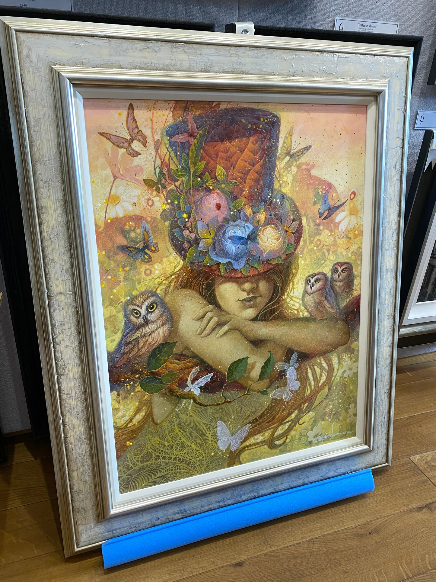 Persephone Young Mother Nature mixed media original painting by Gary McNamara framed with owls and butterflies