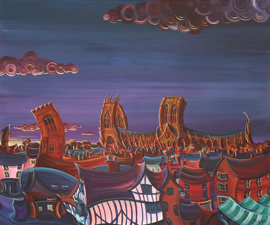 Gert & Henry limited edition giclee print by Rayford featuring stylized townscape and cathedral at dusk
