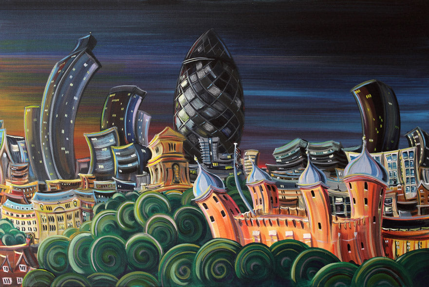 Limited edition signed giclee print Off With The Gherkin by Rayford with stylized London skyline and vivid colors
