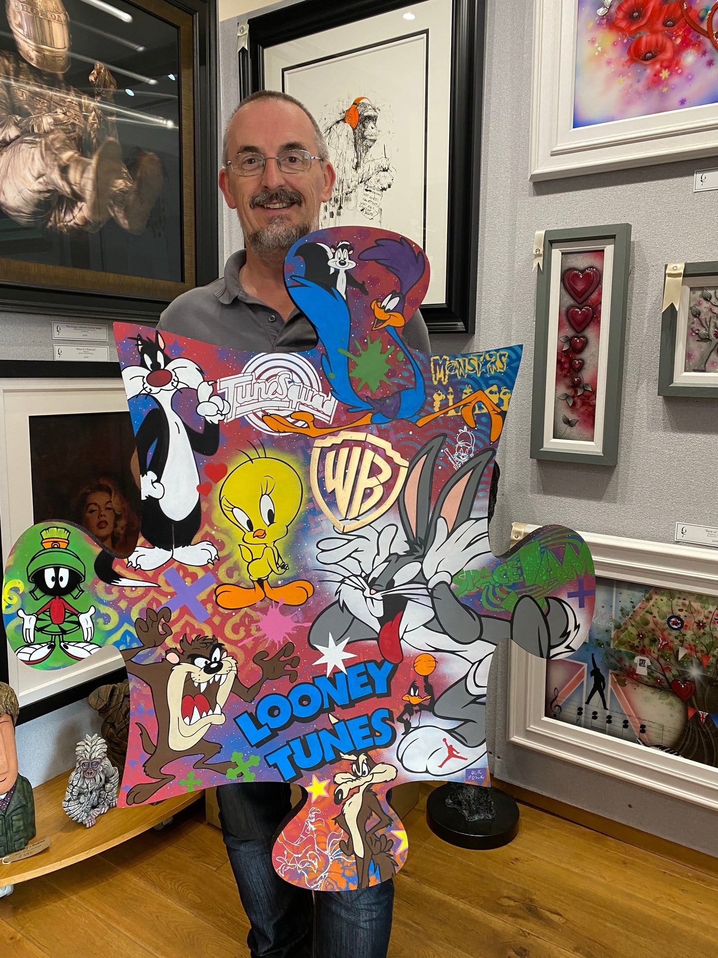 Hue Folk original Looney Tunes jigsaw puzzle piece wall sculpture with mixed media artwork and hand signature