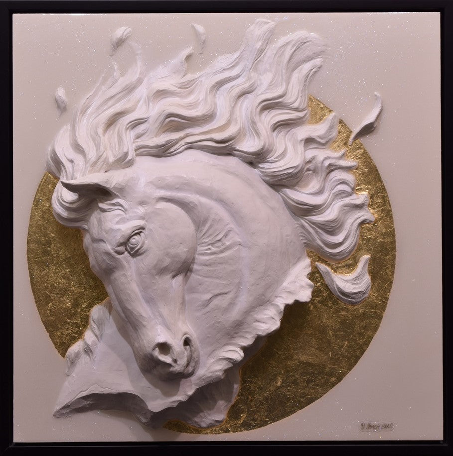 Pegasus wall sculpture by Hamish Herd in white Jesmonite with gold background detailing