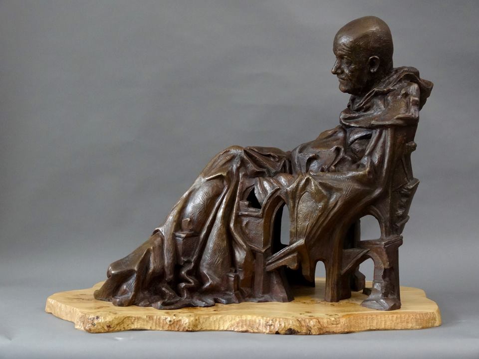 Joseph Hayton bronze sculpture of sleeping monk on wooden base