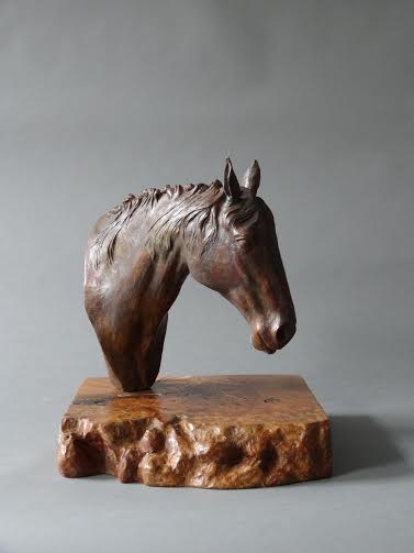 Wisdom bronze horse sculpture by Joseph Hayton on wooden base