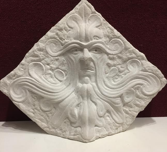Green Man sculpture carved in Portland Limestone by Joseph Hayton, hand signed original artwork