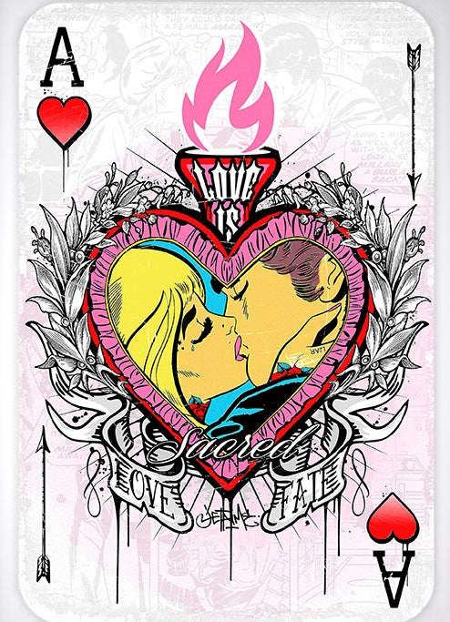 JJ Adams hand-embellished canvas artwork with a pink-bordered heart, kissing figures, flames, foliage and playing-card motifs.