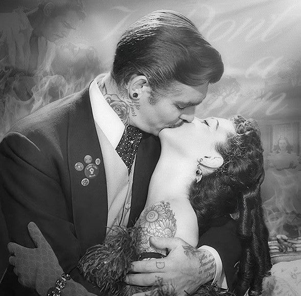 Hand embellished canvas ORIGINAL by JJ Adams, monochrome portrait of a tattooed couple kissing, with detailed tattoos and vintage attire.